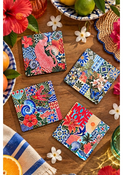 More Love Egzotik Bahçe Pop Art Temalı, 4 Lü Bardak Altlığı Set 9 Cm, 3 Mm Ahşap Mdf, Dijital Baskı - 933863315 Diğer