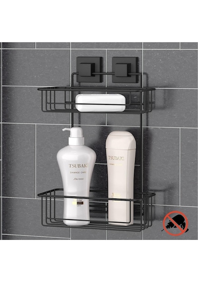 Tekno Tel Ef-256 Yapışkanlı 2 Katlı Düz Banyo Rafı Siyah