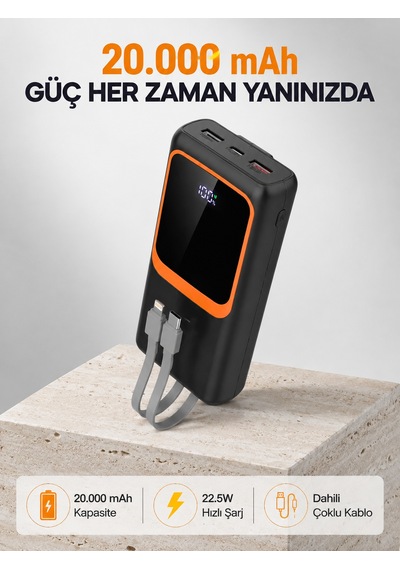 Powerbank 20000 Mah 22.5w Hızlı Şarjlı Ve Kompakt Çoklu Kablo Çıkışlı - Lisinya Siyah 52516163