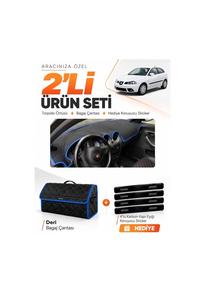 E-biz Seat Ibıza 2001-2008 Uyumlu Torpido Örtüsü + Deri Bagaj Çantası Seti - Siyah-mavi - Se003
