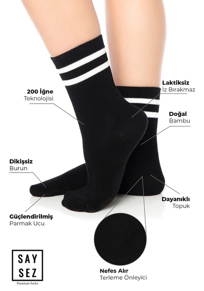 Saysez Bambu Unisex Tenis Kolej Çizgili Siyah Dikişsiz Soket Çorap 3'lü