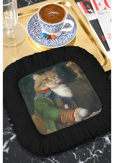 Lüks Kedi Portre Saçaklı Sunum Peçetesi - Aristokrat Retro Siyah Altın Renkli Bardak Altlığı Mendil Çok Renkli