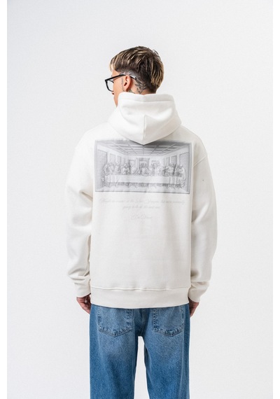 Respire Erkek Da Vinci Baskılı Kapüşonlu Oversize Hoodie Ekru