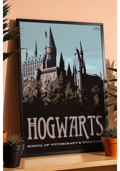 Hogwarts Okulu Minimalist Çerçeveli Tablo - Lüks Harry Potter İllüstrasyon Modern Duvar Dekoru Siyah