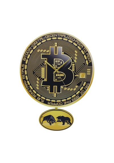 CajuArt Bitcoin Temalı Sallanan Sarkaçlı Ahşap Duvar Saati Hediye Sarı