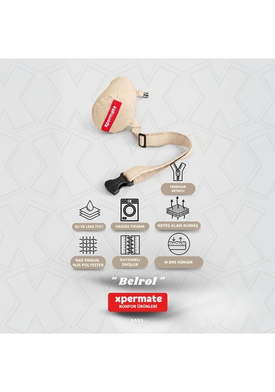 Belrol Bel Destek Yastığı Seyahat Sırt Bel Destek Minderi Yıkanabilir Kılıflı Bej