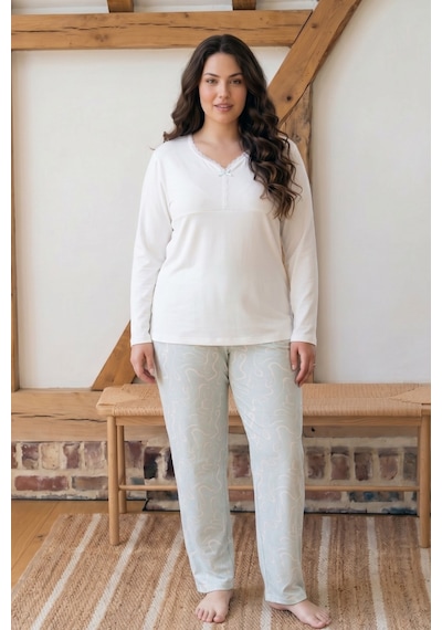 Siyah İnci Ekru Desenli Büyük Beden Battal Boy Viskon Örme Pijama Takım 26224836