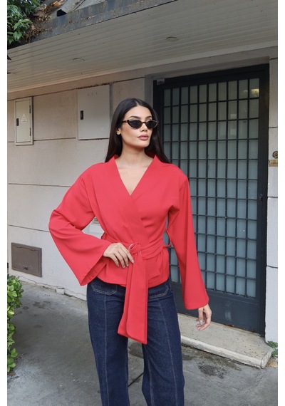Kechi Woman Krep Kumaş Kruvaze Kemerli Kimono Bluz Kırmızı