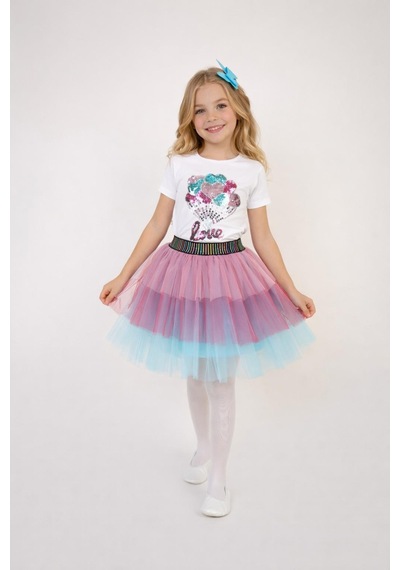 Dıgıl Kids Kız Çocuk Kalp Desenli T-shirt Etek Takım Beyaz - Çok Renkli
