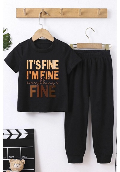 Uyguntarz Çocuk Baskılı Unisex Alt - Üst Eşofman Takımı Siyah