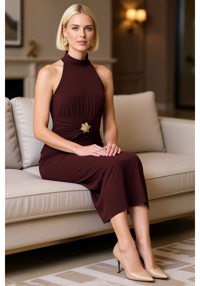 Benerly Kadın Halter Yaka Kolsuz Bodycon Midi Elbise Aksesuar Detaylı Ast Kahverengi