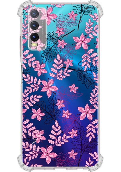 Vivo Y20 Uyumlu Köşe Korumalı Floral Pembe Tasarımlı Şeffaf Silikon Kılıf