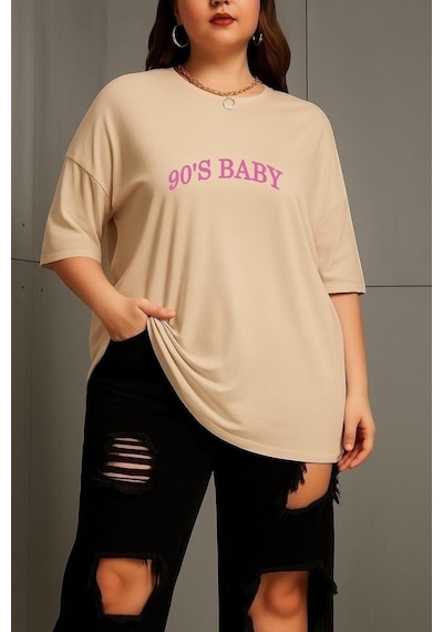 Büyük Beden 90's Baby Baskılı Unisex Tişört Bej