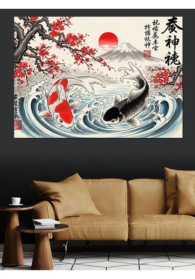 Ahşap Tablo Japon Tarzı Balık Ve Güneş