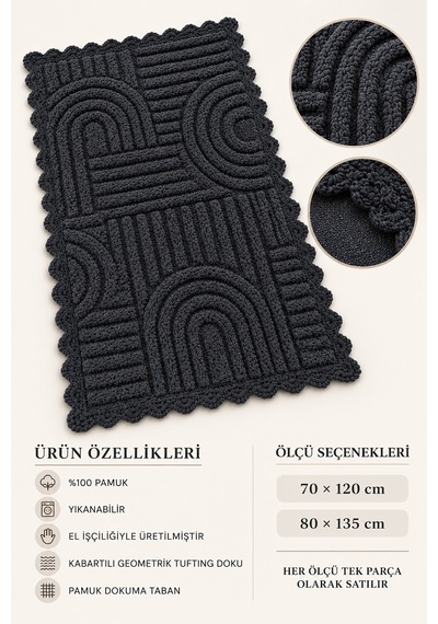Alanur Bodrum Tufting Cotton Pamuklu El Işi Örgülü Paspas 113 80 X 135 Cm Siyah