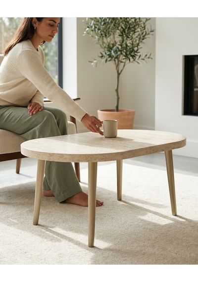 Traverten Desenli Orta Sehpa 100x60 Cm Cappuccino Ahşap Ayaklı Modern Salon Sehpası