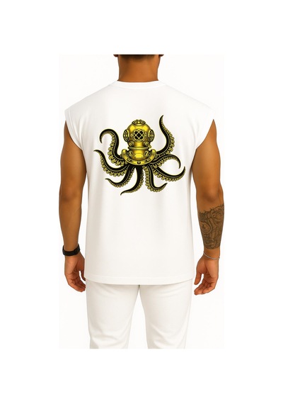 Bahriyeli Collection Oversize Steampunk Octopus Dalgıç Başlığı Göğüs Ve Sırt Baskılı Atlet Beyaz