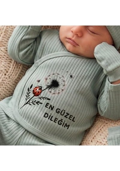 Lexroo %100 Pamuk Yenidoğan Bebek Hastane Çıkış Seti En Güzel Dileğim Yazılı Yeşil 5'li Bebek Takımı