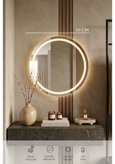 50 Cm Kumlamalı Led Ayna, Banyo, Antre, Salon, Dekoratif Gün Işığı Duvar Aynası