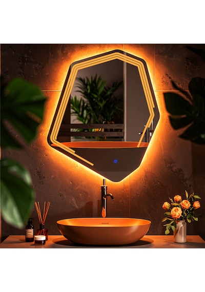 Myrella Amber Led'li Lazer Kumlamalı Lavabo & Banyo Aynası Dokunmatik Sensörlü 80 X 68 Turuncu