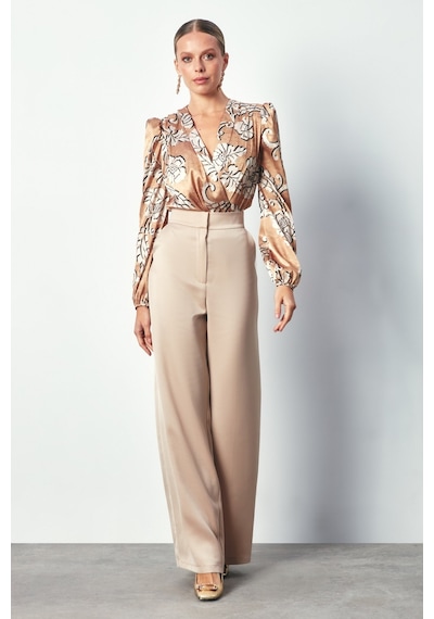 Sateen Desenli Bodysuit Bluz - Camel