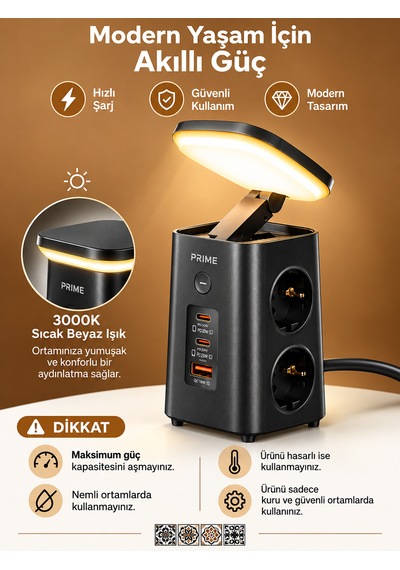 Akım Korumalı 4'lü Priz 1 Usb 2 Type-c Gece Lambalı Masaüstü Hızlı Şarj Çoklayıcı 0 - 2 M