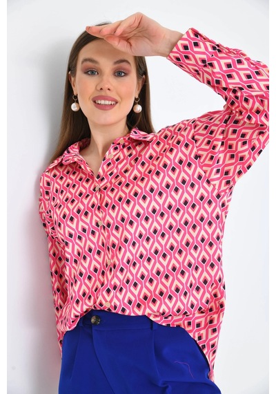 Fuşya Desenli Oversize Uzun Kol Basic Saten Gömlek 001