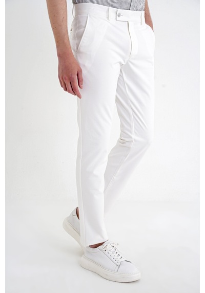 Comfort Fit Rahat Kalıp Yan Cep Pamuklu Dokulu Ekru Pantolon P 1219