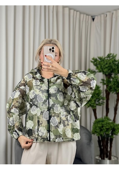 On Fashion Kapüşonlu Desenli Fermuarlı Kadın Yeşil İnce Mont 52704 Yeşil