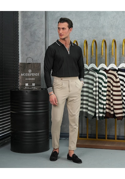 Modefendi Pamuk Likra Slim Fit Bilek Ve Yaka Çizgi Detaylı Yaka Fermuarlı Triko Kazak Siyah Modefendi Pamuk Likra Slim Fit Bilek Ve Yaka Çizgi Detaylı Yaka Fermuarlı Triko Kazak Siyah