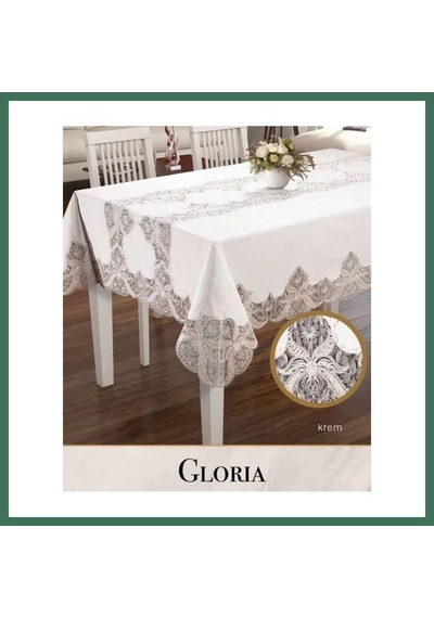 En-cag Gloria Model Krem Keten 160x300 Cm Dantelli Tek Masa Örtüsü Şık Yemek Masası Bss