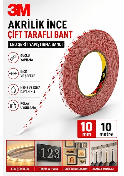 3m Akrilik İnce Çift Taraflı Bant 10mm X 10 Metre Led Şerit Yapıştırma Güçlü Şeffaf Bant 10mm 10 M