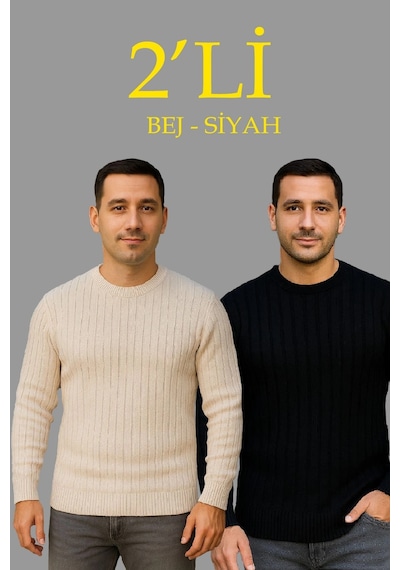 Erkek Fitilli Triko Kazak 2 Li Set Bej Beyaz Kalın Dokuma Pamuklu Regular Fit Bisiklet Çok Renkli