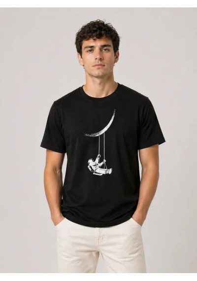 Veraura Lifestyle Erkek Astronot Ay Temalı Tişört Kısa Kol Yazlık Bisiklet Yaka T-shirt - Siyah