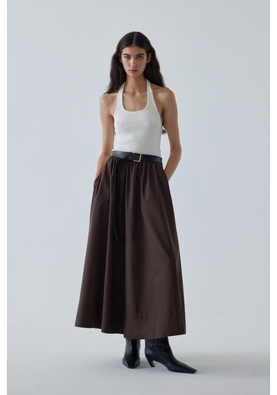 Suud Collection Kahverengi Day Poplin Kloş Etek Kahve