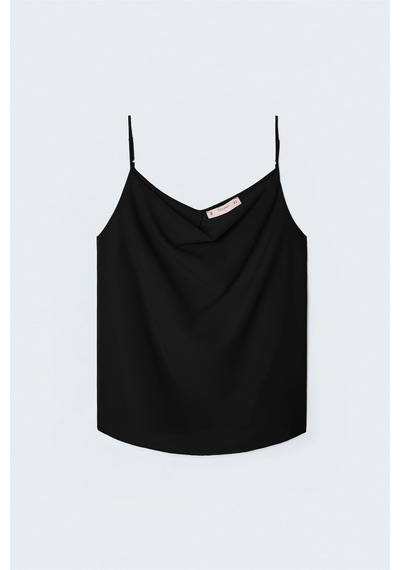 Sateen Askılı Degaje Yaka Bluz - Siyah-137661