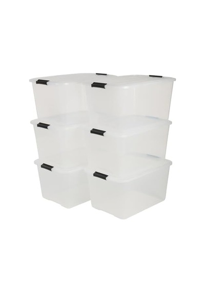Ohyama Kapaklı Plastik Saklama Kutuları, 45l, 6'lı Set, Şeffaf Açık Ahşap