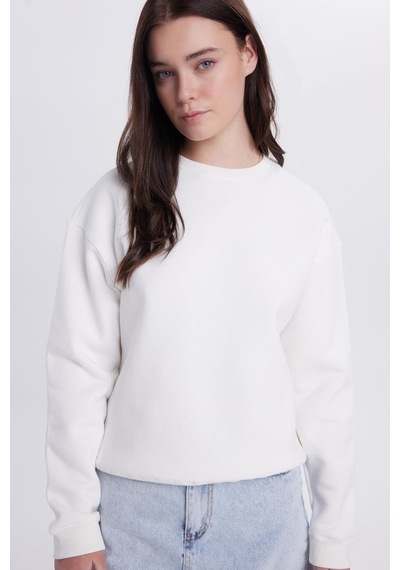 Tudors Kadın Oversize Geniş Kesim Pamuklu Bisiklet Yaka Ekru Sweatshirt-39929 Ekru