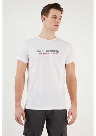 Buratti Basklı Bisiklet Yaka % 100 Pamuklu Slim Fit Erkek T Shirt 541Get Beyaz