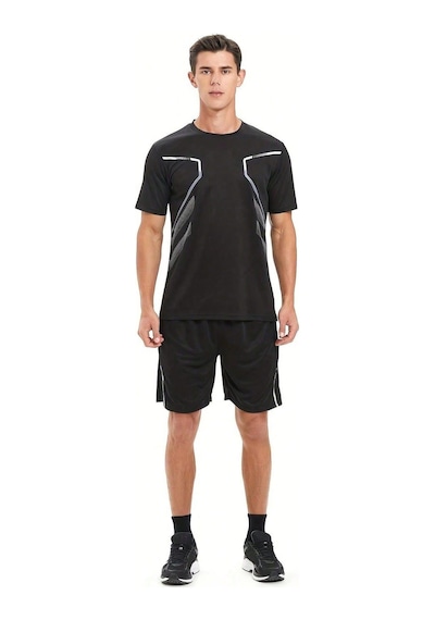 Genius Store Erkek Spor Tişört Antreman Gym Polyester Erkek Sporcu T-shirt Şeritli-tişört Siyah