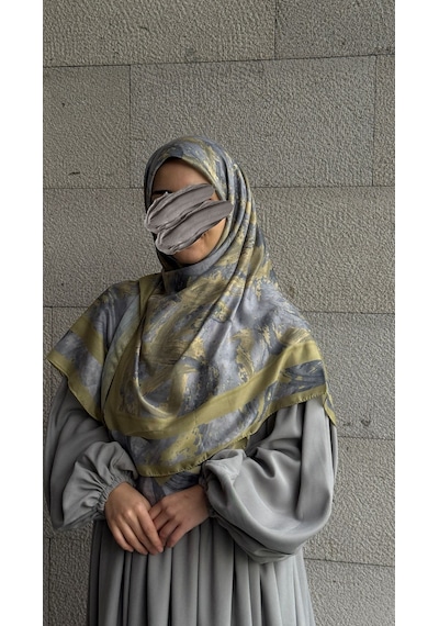 Qalortex Scarf Pamuklu Soft Fırça Desen Eşarp-yağyeşil/gri Yağ Yeşil/gri
