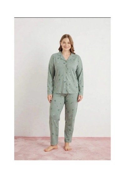 Pijamoni Kadın Büyük Beden Süet Kumaş Önü Düğmeli Şık Pijama Takımı Yeşil