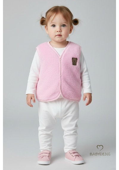 Babyden's Welsoft Kız Bebek Çocuk Çıtçıtlı Yelek Yumuşak Dokulu,ayıcık Armalı,peluş Bebek Yeleği Pembe