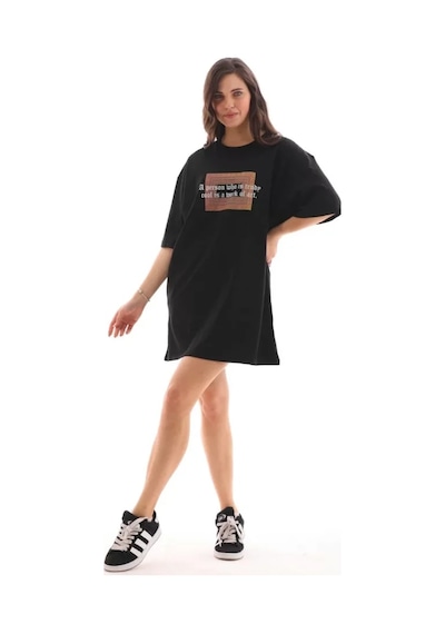 Modi Unisex Bisiklet Yaka Baskılı Oversize T-shirt - Siyah - Mymg112555