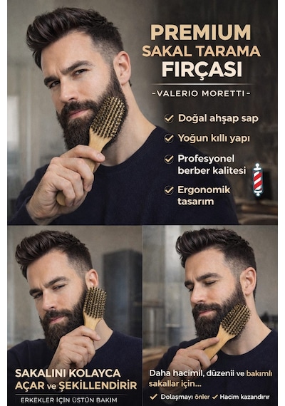 Valerıo Morettı Premium Sakal Tarama Fırçası Doğal Ahşap Saplı Profesyonel Sakal Fırçası Erkek Sakal Bakım Tarağı Diğer