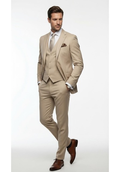 Erkek 3 Parça Slim Fit Takım Elbise Klasik Likralı Kumaş, Tek Düğme, Çift Yırtmaçlı Modern Kesim Ceket Yelek Pantolon Bej