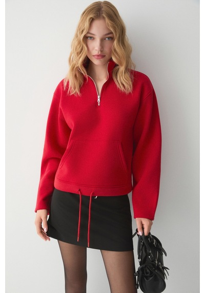 ETHIQUET BE AGIO Kadın Organik Pamuklı Kanguru Cepli Yakası Fermuarlı Kırmızı Sweatshirt