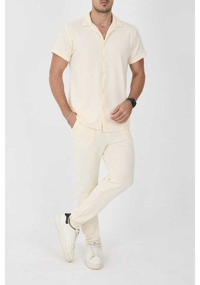 Mcz Giyim Erkek Kısa Kollu Slim Fit Dar Kesim Gömlek Yaka Likralı Bej Gömlek Boru Paça Pantolon Alt Üst Takım