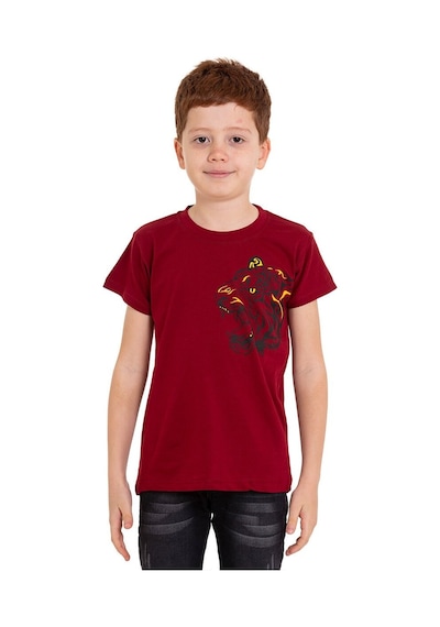 Bordo Kaplan Baskılı Bisiklet Yaka 5-16 Yaş Tişört 2008-6 Bordo