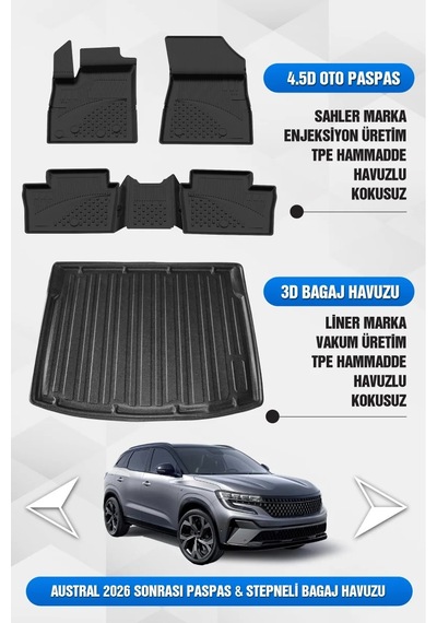 Sahler Renault Austral 2022-2026 Uyumlu 4.5d Premium Havuzlu Oto Paspas Ve Liner Marka 3d Bagaj Havu